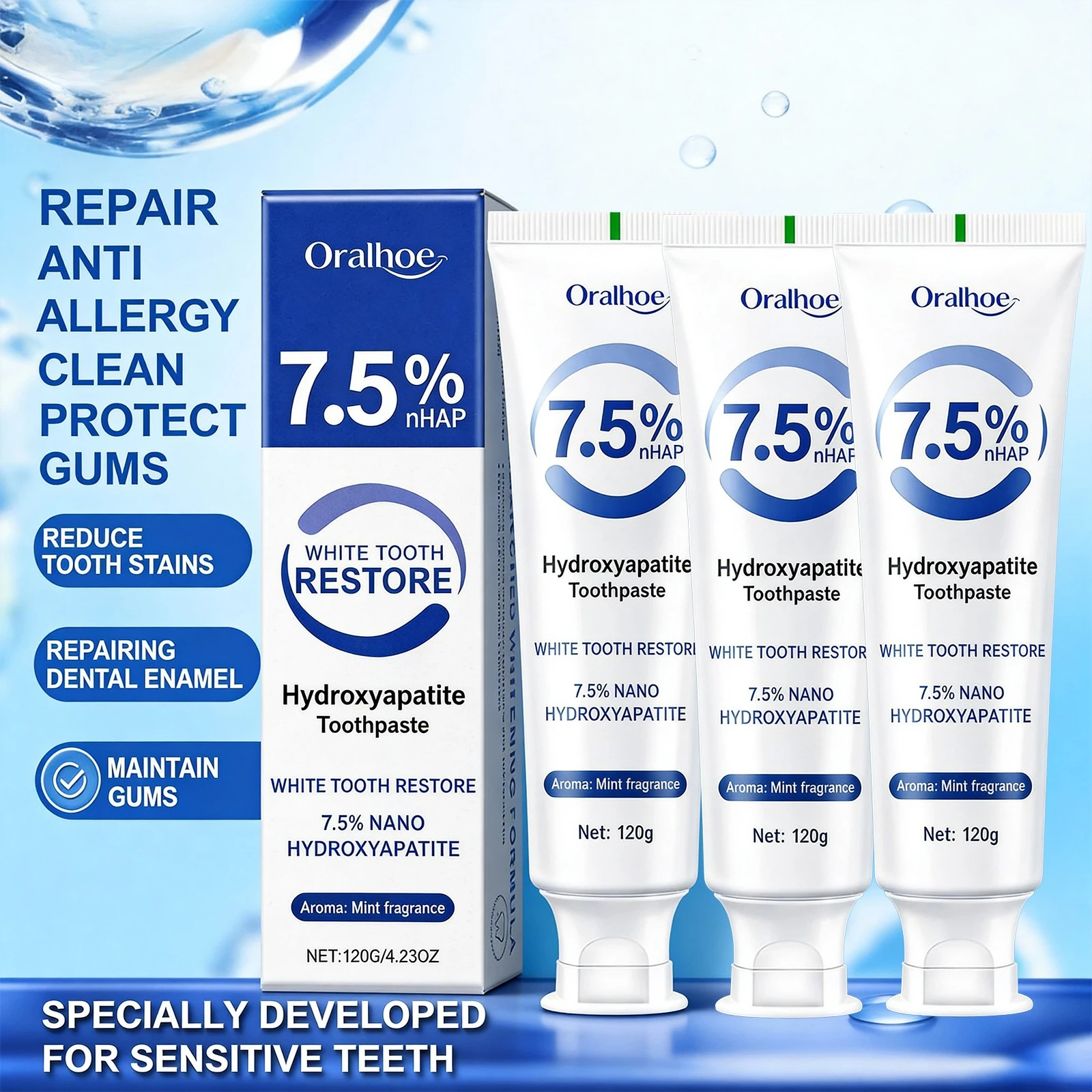 7.5% Hydroxyapatite Toothpaste for Enamel Protection, Formula with Gentle Mint, for Sensitive Teeth, Long-Lasting Fresh Breath