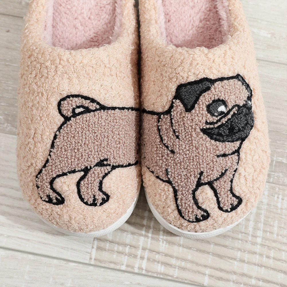 

Plush Pug Slippers Comfortable Flat Thermal Slippers Cartoon Fluffy Couple Slippers Fuzzy Animal Slippers for Indoor Bedroom