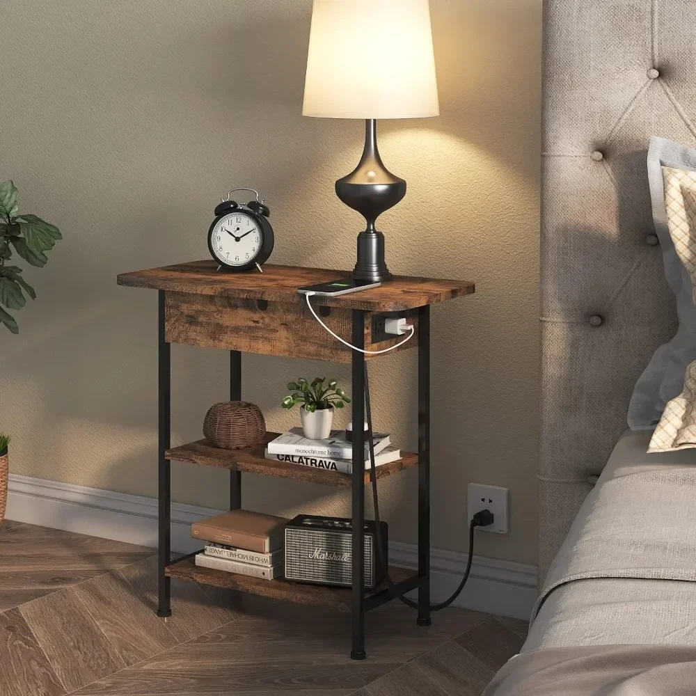 

End Table with Charging Station, Flip Top Side Table with USB Ports and Outlets, Nightstand for Small Spaces, Bedside Tables