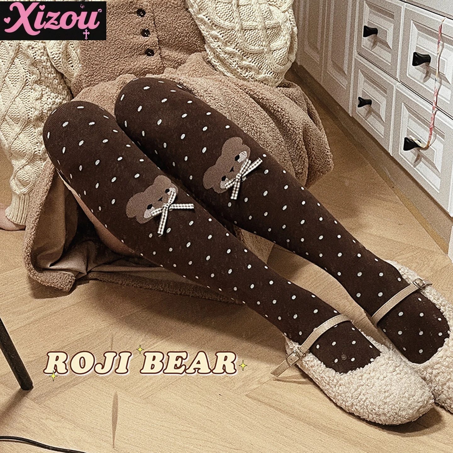 

Japanese Cartoon Bear Polka Dot Bow Lolita Socks Women's Autumn Winter Knee Socks Thick Combed Cotton Socks Thin Leg Sock Female