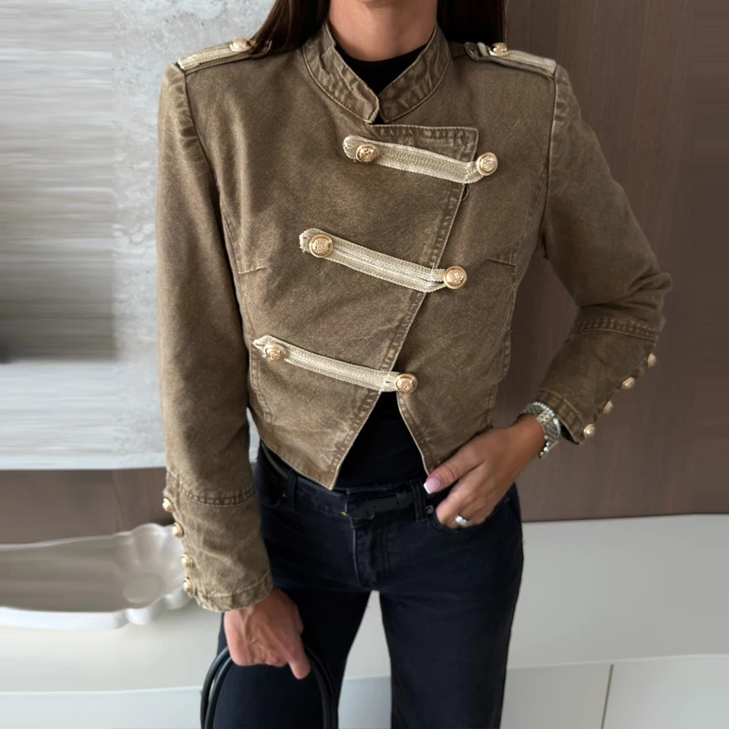 Western Denim Style Slim Short Jacket Vintage Button Design Solid Color Women Coat Casual O Neck Long Sleeved Commuting Outwear