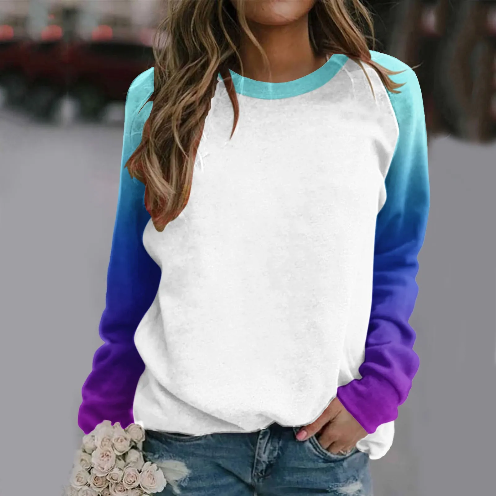 Suitable Blouse For Women Raglan Crewneck Tops Gradient Solid Print Sweatshirts Top Long Sleeve Color Block Pullover Cute