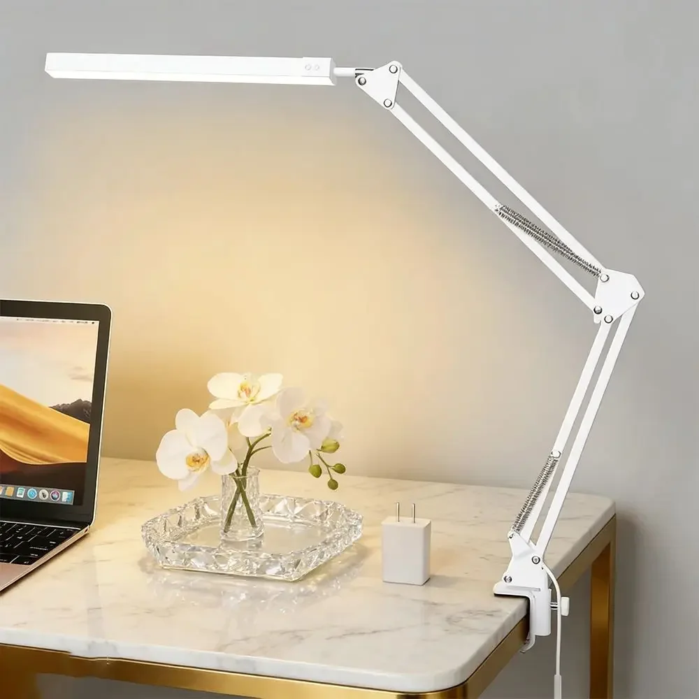 Adjustable Swing Arm Desk Lamp with Clamp Dimmable Desk Light 3 Colors 10 Brightness for Home Office Eye-Caring Reading Lighting