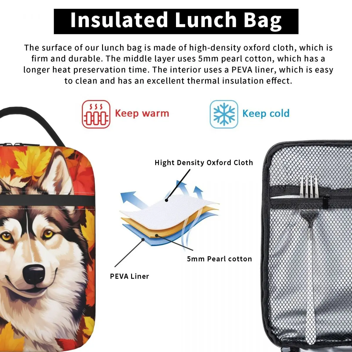 Autumn Fall Siberian Husky Dog Insulated Lunch Bag for Women Kids Portable Food Boxes Thermal Lunch Box Tote