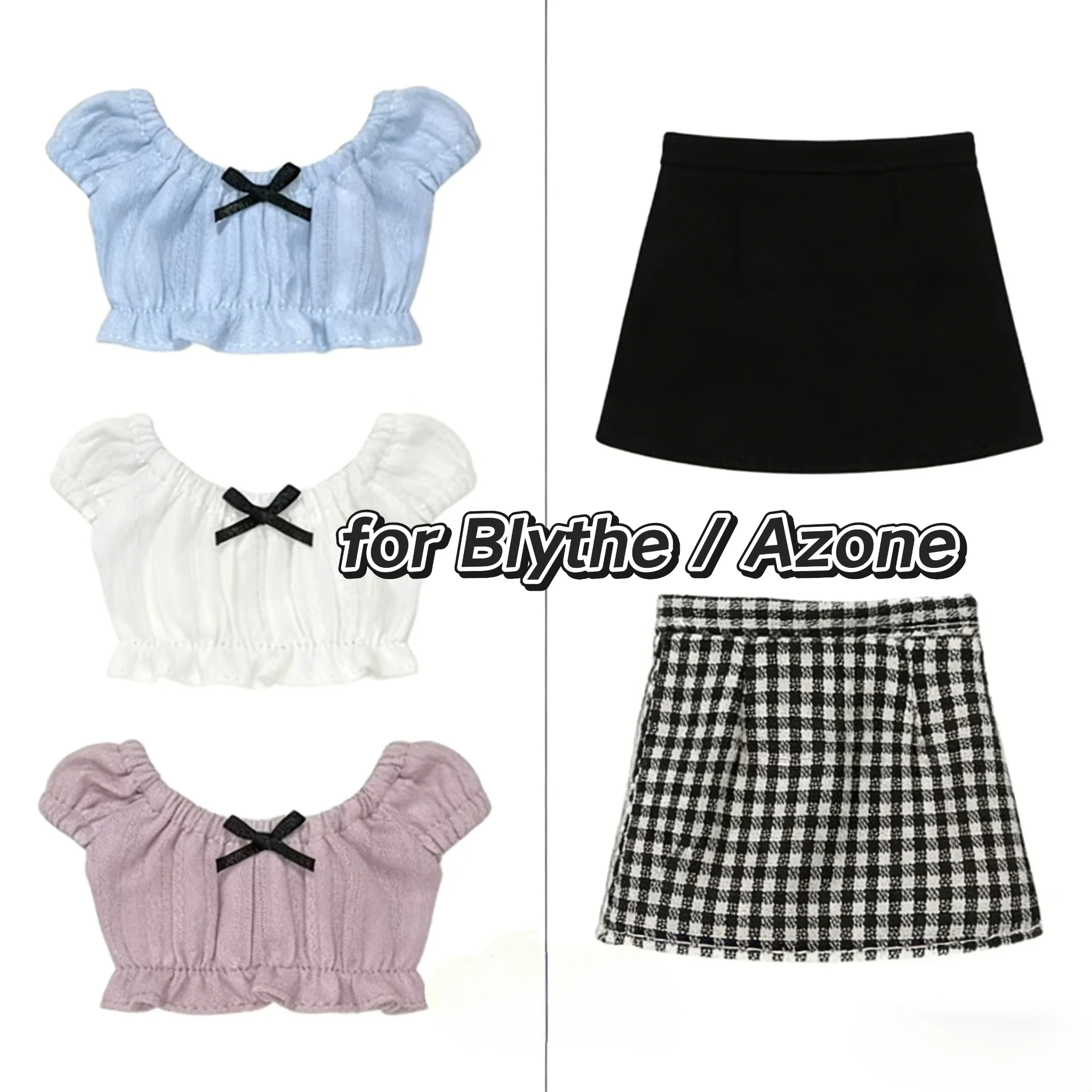 

New Blythe Doll Ob24 P20 Cat Body Baby Clothes Cat BodyBow Line Cut Shoulder Top Black Skirt Check Plaid Skirt