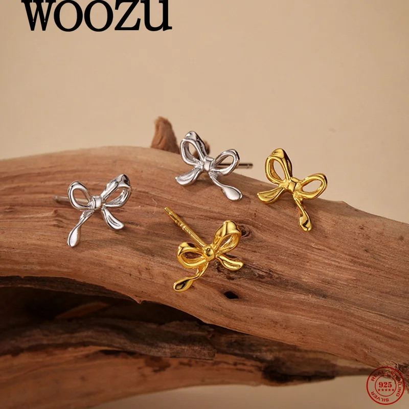 

WOOZU 925 Sterling Silver Girl Jewelry Sweet Gentle Fashion Bow Piercing Stud Earrings for Women Charm Delicate Accessories Gift