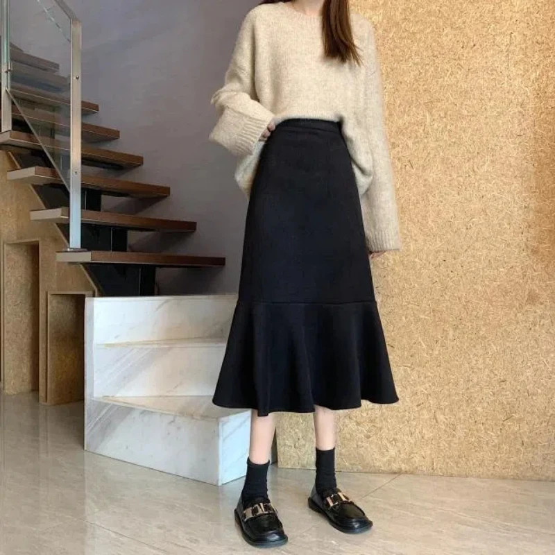 Autumn Winter New Style Medium Length Thickened Women's Clothing Fishtail Skirt Shows Thin High Waist All-match Trend Y2K Skirts