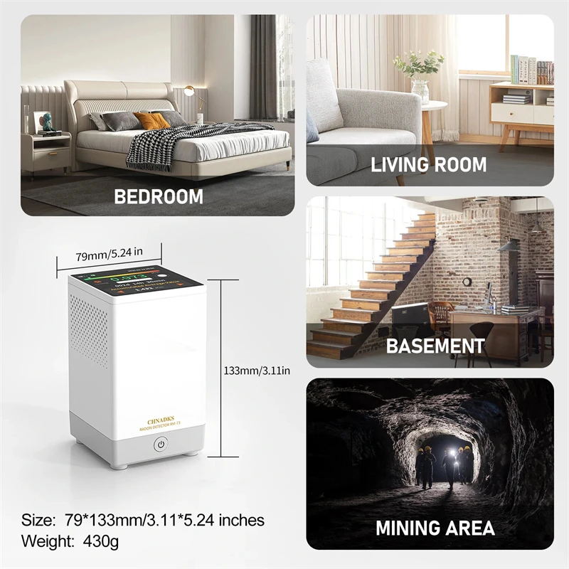 كاشف الراديون شاشة تعمل باللمس مراقبة الغاز متر شاشة LCD ملونة إنذار مسموع ومرئي pCi/L أو Bq/m3 ± 10% دقة تقرير PDF