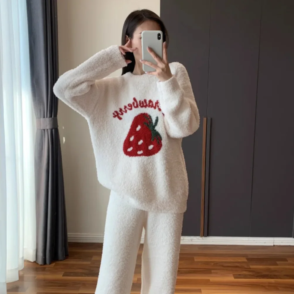 Inverno amor meia lã pijamas feminino solto e velo quente, doce e bonito estilo casa roupas conjunto de duas peças