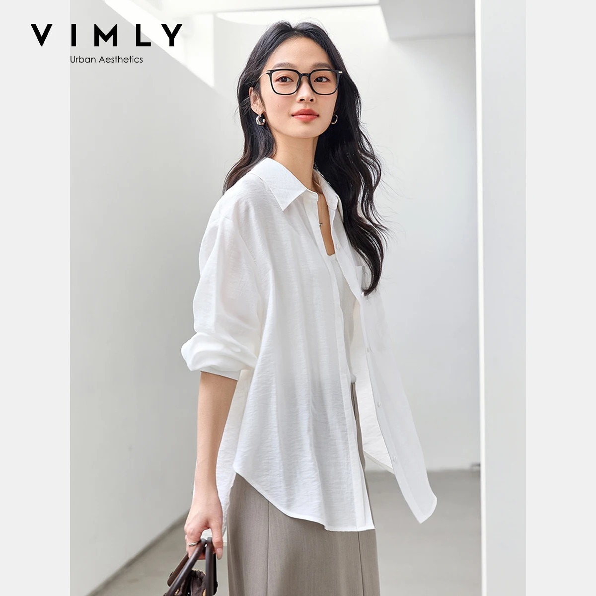 VIMLY White Shirt Women 2025 Spring Autumn Casual Long Drop Sleeve Loose Fit Button Up Shirts Blouse Ladies Elegant Top A0116