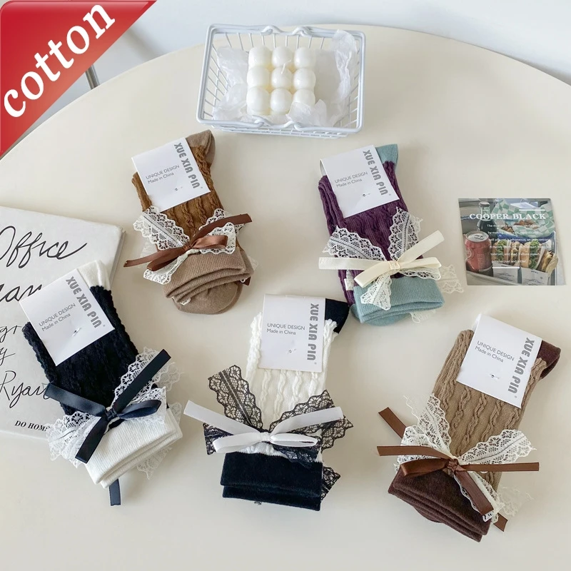 

Women's Socks Korean Retro Lace Bow Kawaii Gentle Sweet Japanese Lolita Cute Jk Comfortable High-quality Cotton Socks For Girl