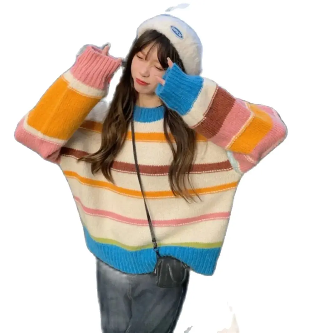 Korean High Quality Stripe Pullovers Women Colorful Baggy Tender O-Neck Sweater Fluffy Knitted Female Harajuku