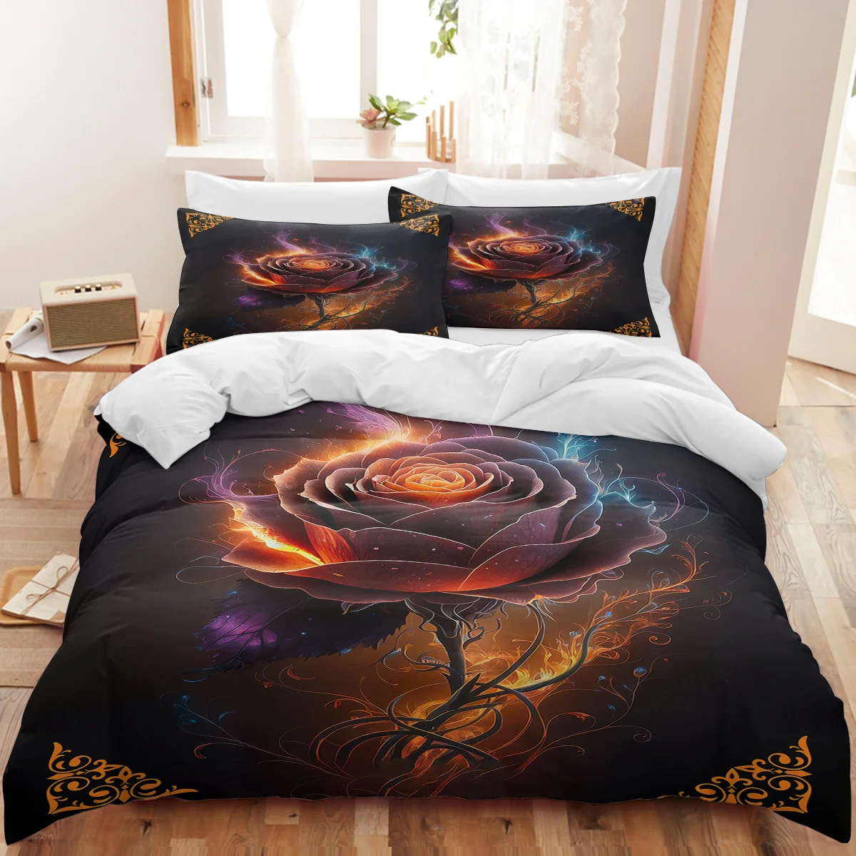 BeddingOutlet 3 Pieces Rose Bathing Fire Duvet Cover Set Warm Soft Cozy Night Floral Bed Set with Zipper Closure for Boys Girls