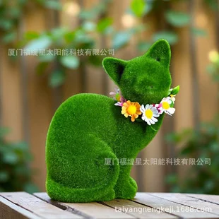 Flocked Resin Cat Figurine With Green Moss Easter Garden Ornament Cat Statue For Home Table Centerpiece For Cat Fans Spring Gift