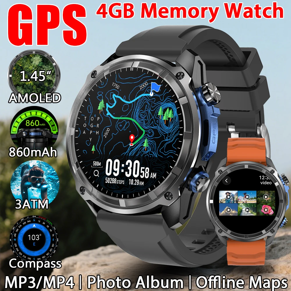 

2025 New Military GPS Smart Watch Men Offline Map 860 mAh Compass 5ATM Waterproof 4GB Memory Swimming Sapphire Screen Smartwatch