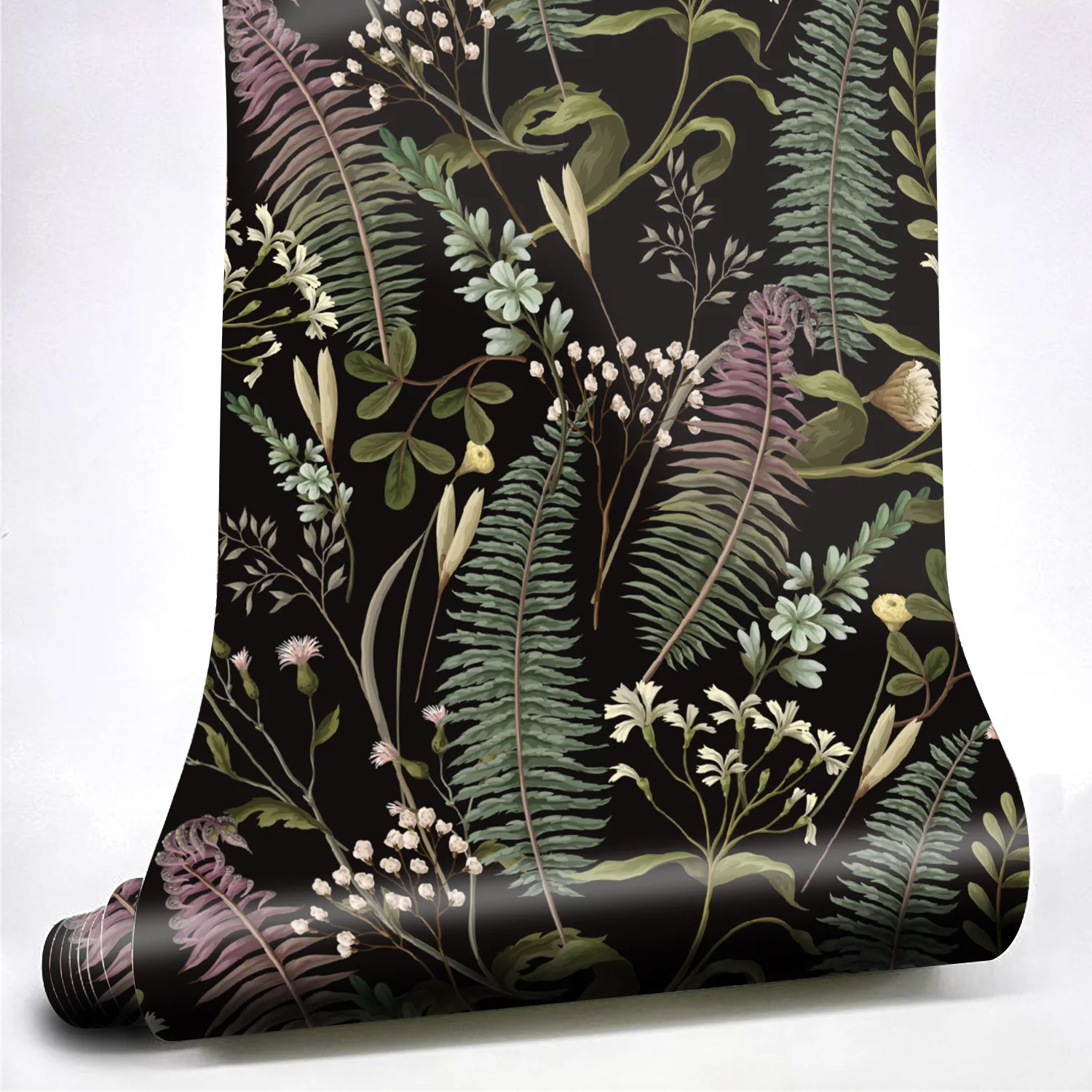 Peel And Stick Wallpaper Black Background Tropical Fern Floral Contact Paper Waterproof Removable Wall Mural for Bedroom Cabinet