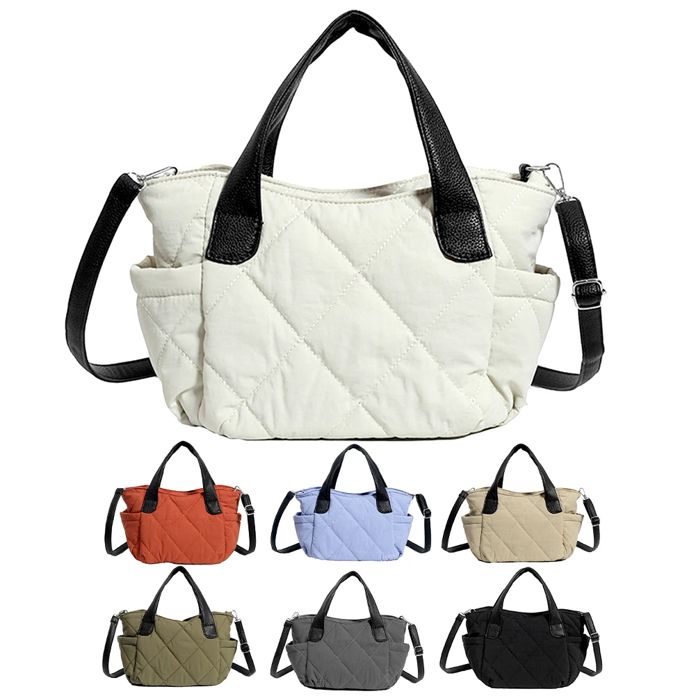 Gesteppte Nylon-Einkaufstasche für Damen, verstellbarer Riemen, gepolsterte Umhängetasche mit Seitentaschen, stilvolle Umhängetasche, einfache Umhängetasche