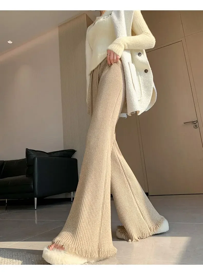 

Thickened Fringed Knitted Wide-leg Pants Women's 2024 New High-waisted Drape and Thin Floor-mopping Casual Micro-flared Pants