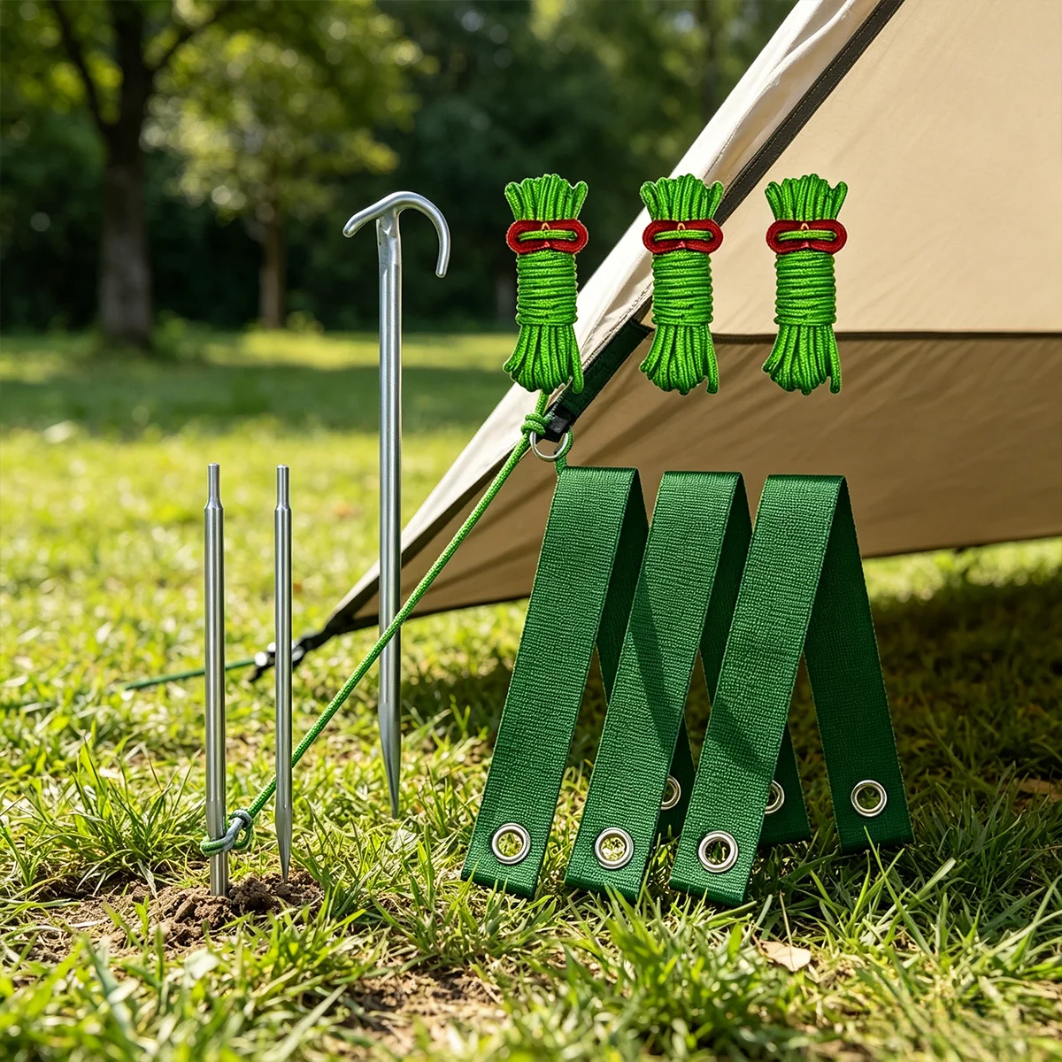 

9-piece outdoor tent ground stake set, green heavy-duty tree support stake set, windproof fixing strap combination
