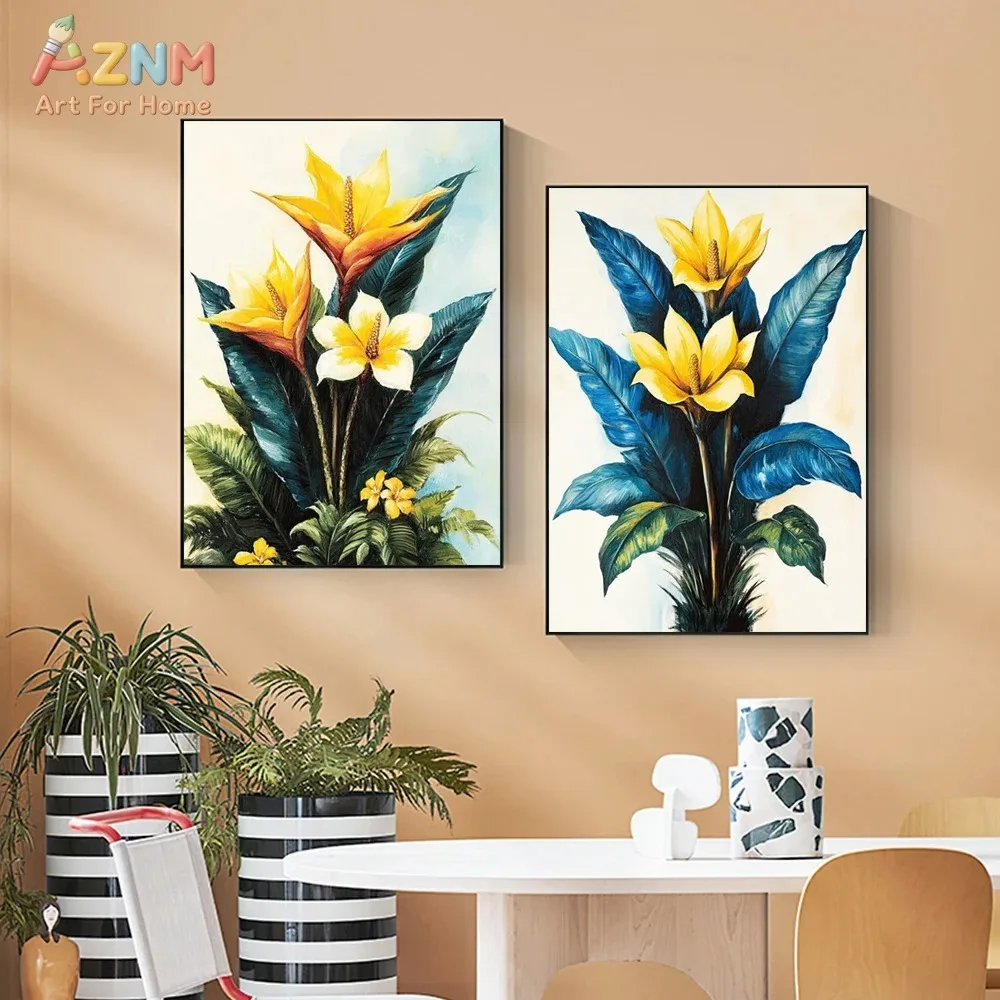 AZNM Watercolor Tropical Banana Leaf Canvas Wall Art, Boho Bird of Paradise Flower Print, Unframed Modern Botanical Plant Poster