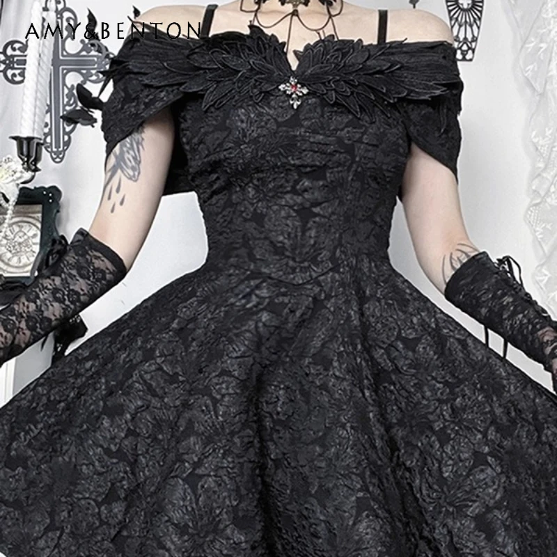 

Halloween Women's Clothing Punk Dark Gothic Sweet Cool Hot Girl Subculture Black Off-Shoulder Sleeveless Princess Dresses Ladies