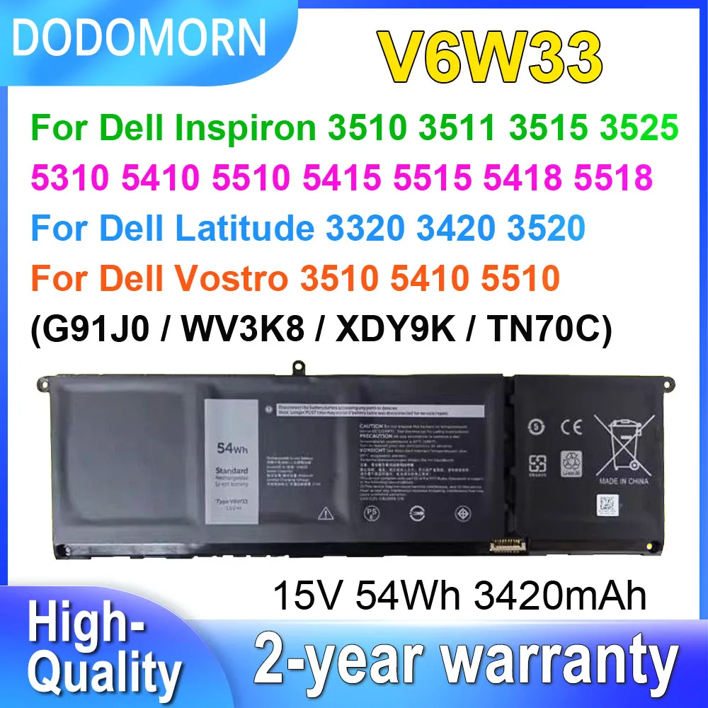 V6W33 G91J0 For Dell Inspiron 3510 3511 3515 3525 5310 5410 5415 5510 5515 5418 5518 Latitude 3320 3420 3520 Laptop Battery