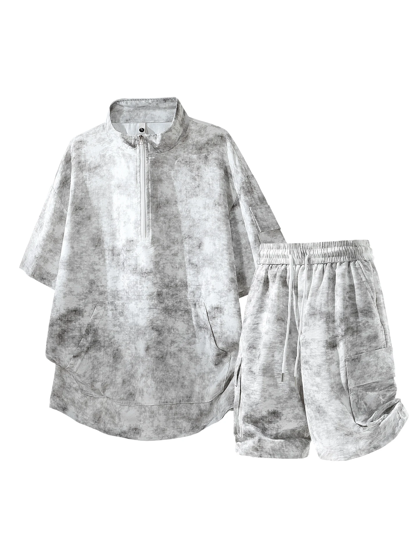 ice-sensation-dyed-half-zipper-short-sleeve-t-shirt-set-men's-summer-new-casual-sports-wear-a-whole-set-polyester-fiber