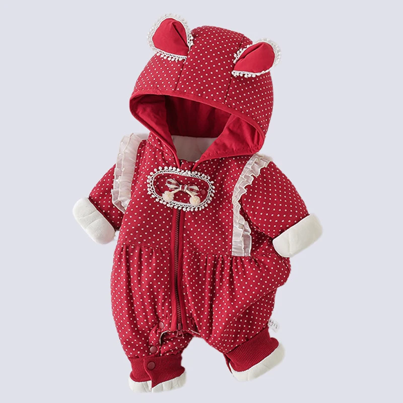IYEAL  Winter Cute Warm Baby Girl Romper Newborn Coral Fleece Cartoon Overalls Infant Girls Hooded Jumpsuit