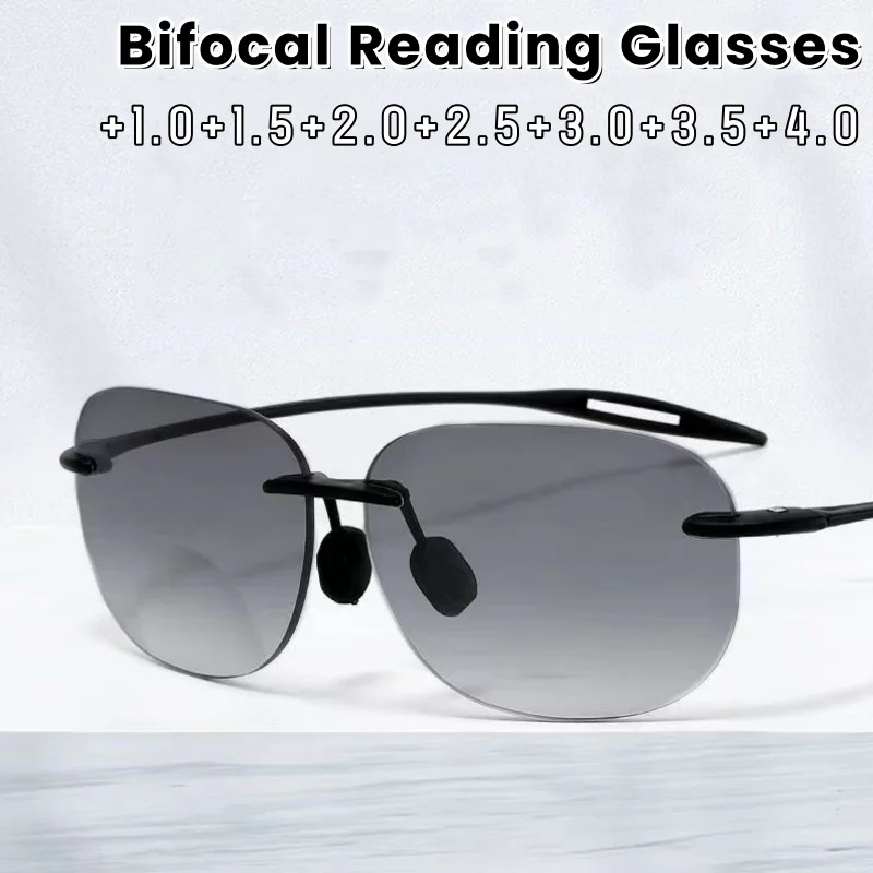 

Trendy Fashion Bifocal Glasses Men Frameless Near and Far Presbyopia Glasses Women Outdoor UV400 Sunglasses +1.0 To +4.0
