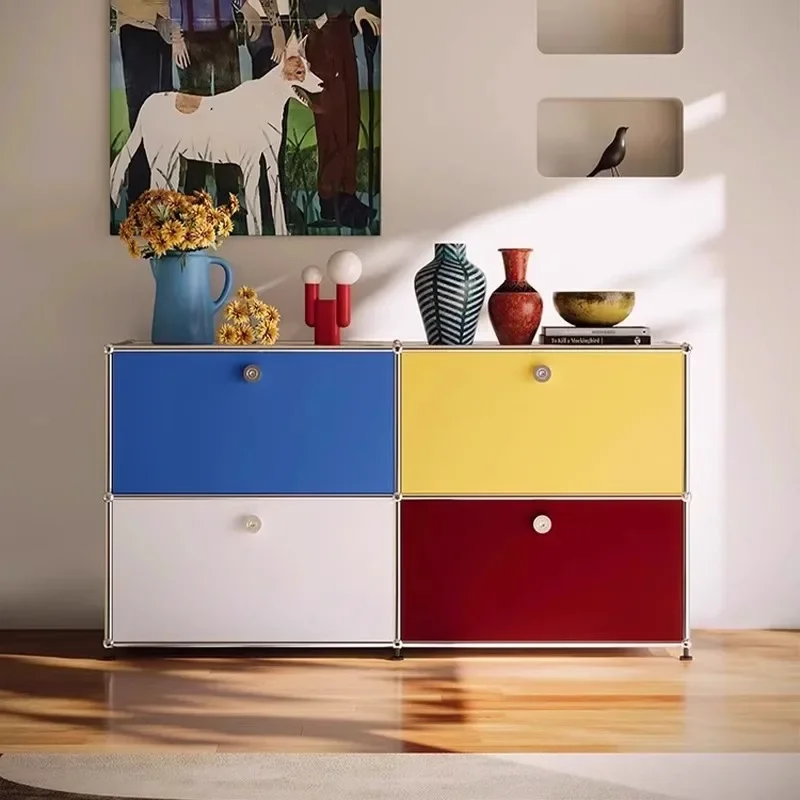 

Medieval Sideboards Stainless Steel Wood TV Stand Household Ins Dopamine Color Locker Combination Storage Cabinet