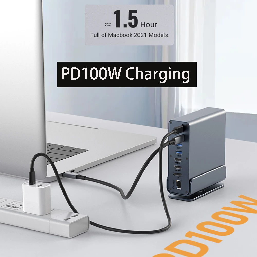 15 in 1 HUB PD100W แท่นชาร์จพร้อม HDMI HDTV PC Host DP RJ45 สล็อตเครือข่าย Micro SD Card Reader USB 3.5 มม. สล็อตเสียง