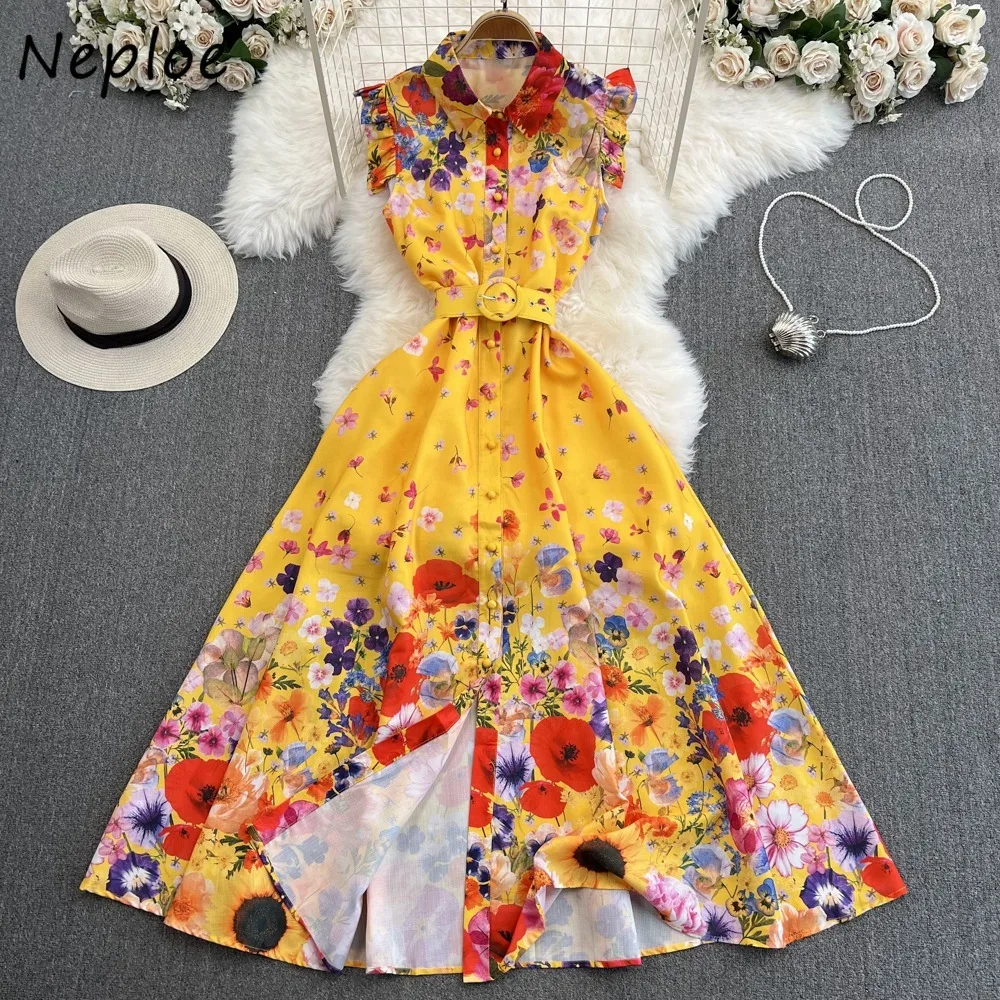 Neploe Temperament Turn-down Collar Flying Sleeve Dress Big Swing Print Belt Slim Waist A-line Robe New Big Swing Panelled Mujer