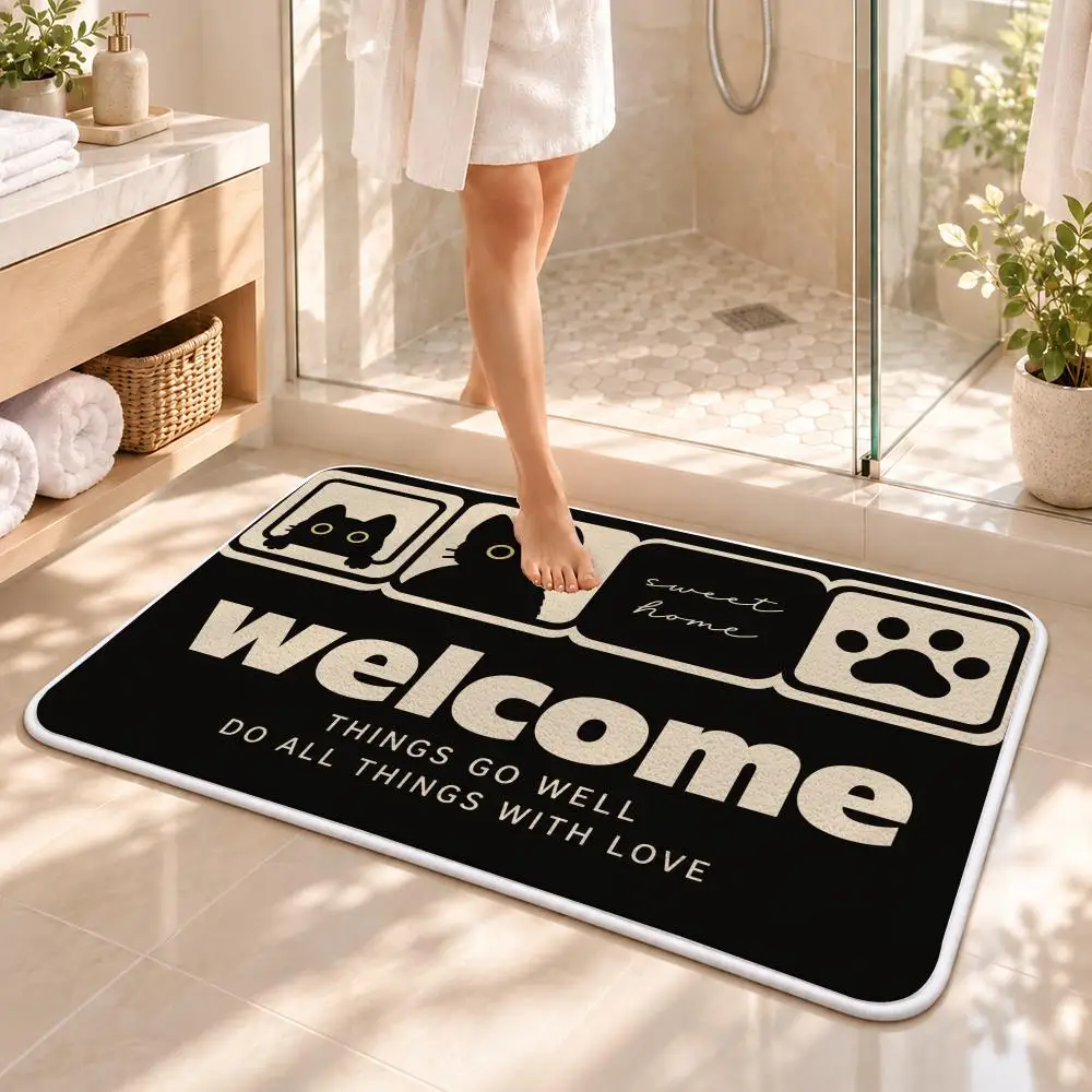 Black Cat Home Floor Mat Flannel Rug Soft Non Slip Door Mat for Bathroom Bedroom Entryway Home Decor Gift 2