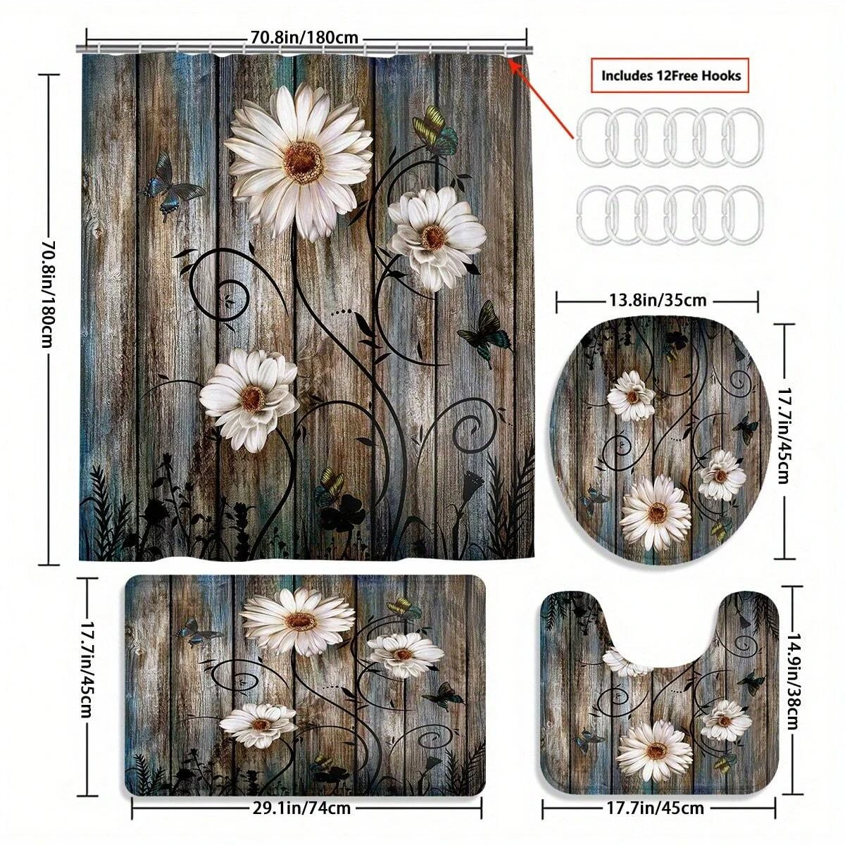 4-Piece Shower Curtain Set - Delicate Small White Flowers On Wood Grain Design, Complete Bathroom Ensemble With Coordinated