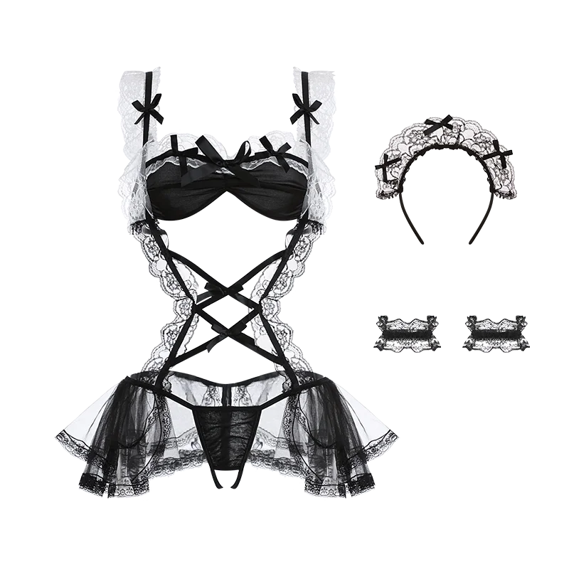 Sexy Lingerie Erotic Maid Costume For Role-Playing Game Woman Cosplay Lace Open Crotch Mini Dress Sex Suit Events Underwear