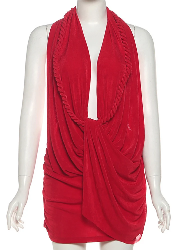 Kricesseen sexy ​ Dames effen wikkelontwerp met ruches en gedraaidetail Jurk Dames Halter Backless Cocktail Party Clubwear Bodycon