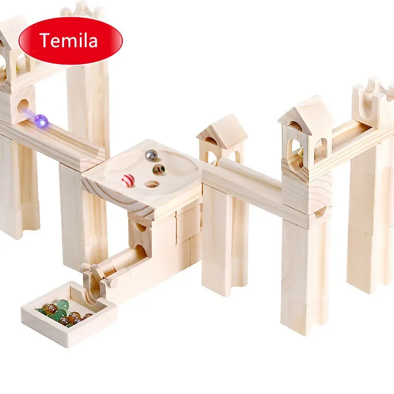 [Divertente] 80 pz/set Legno Marmo pista blocchi di costruzione Giocattoli Assemblaggio blocchi a sfera giocattoli per la prima educazione del capretto regalo di compleanno del bambino