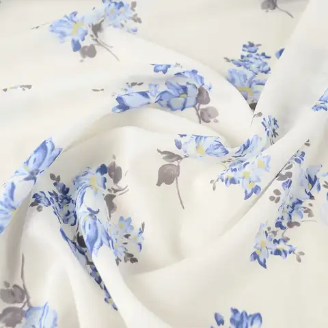 Pure White Base Fresh Blue Floral Print Chiffon Fabric Soft Drape Semi Sheer Cloth For Women Summer Dress DIY Sewing Materil