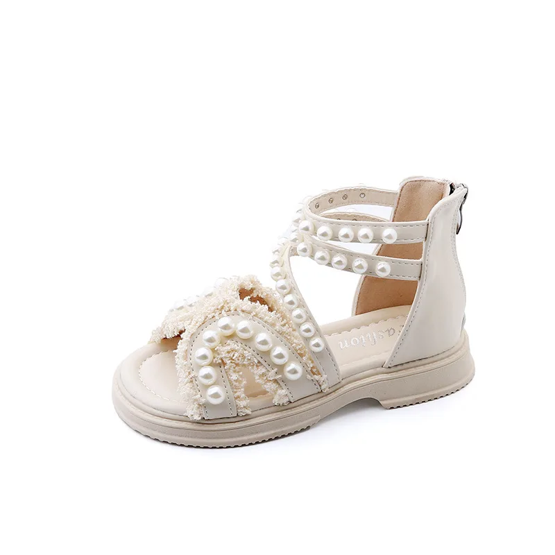 Scarpe da ragazza per bambini sandali da ragazza estate 2023 moda roma perline perla principessa scarpa da ragazza sandalo piatto per bambini nero beige