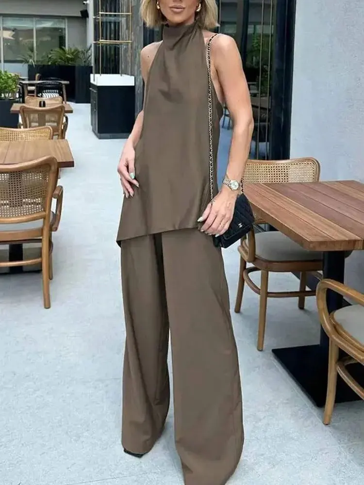 2025 New Fashion Female Long Pant Sets Backless Sexy Halter Camis Top + Elastic Waist Woman Straight Wide Leg Trousers