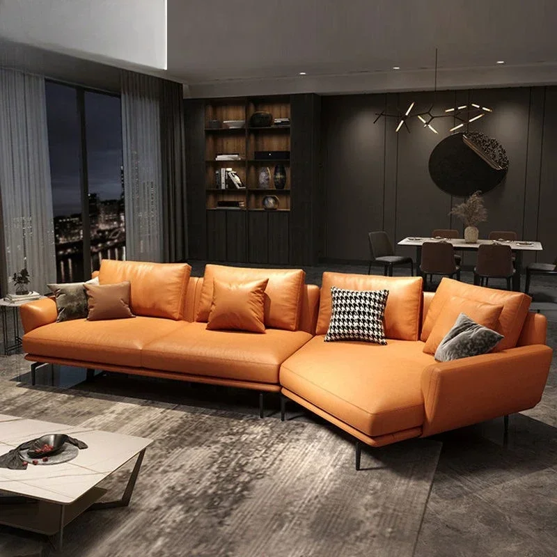 Italian light luxury modern simple sofa combination, living room size apartment leather L-shaped sofa