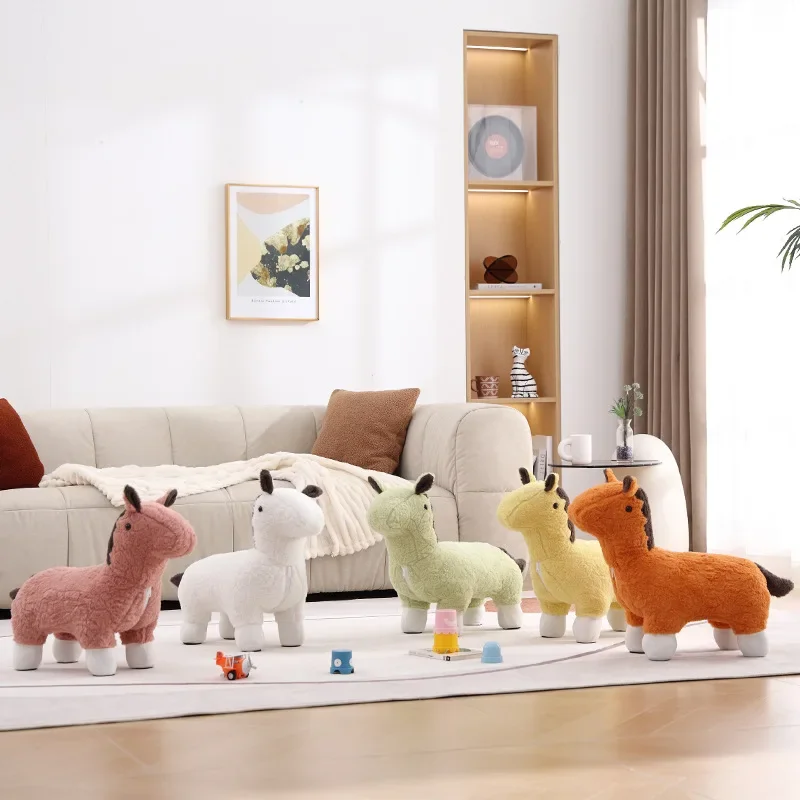 Plush Pony Ride-On Footrest Kids Stuffed Animal Stool Living Room Sofas and Seating Children’s Furnitures Home Living Room Decor