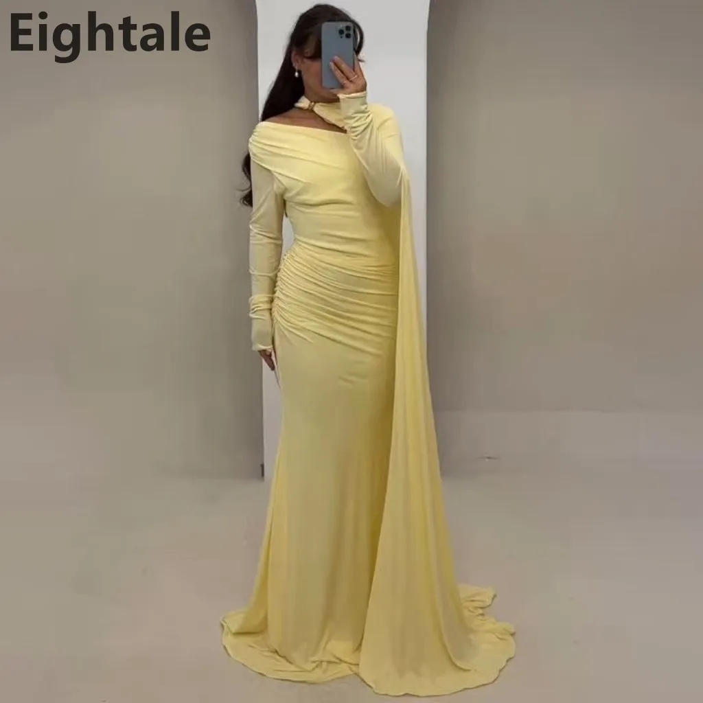 

Eightale 2025 Mermaid One Shoulder Evening Dress With Wrap Yellow Chiffon Prom Gown Dubai Party Customized Saudi Arabic Style