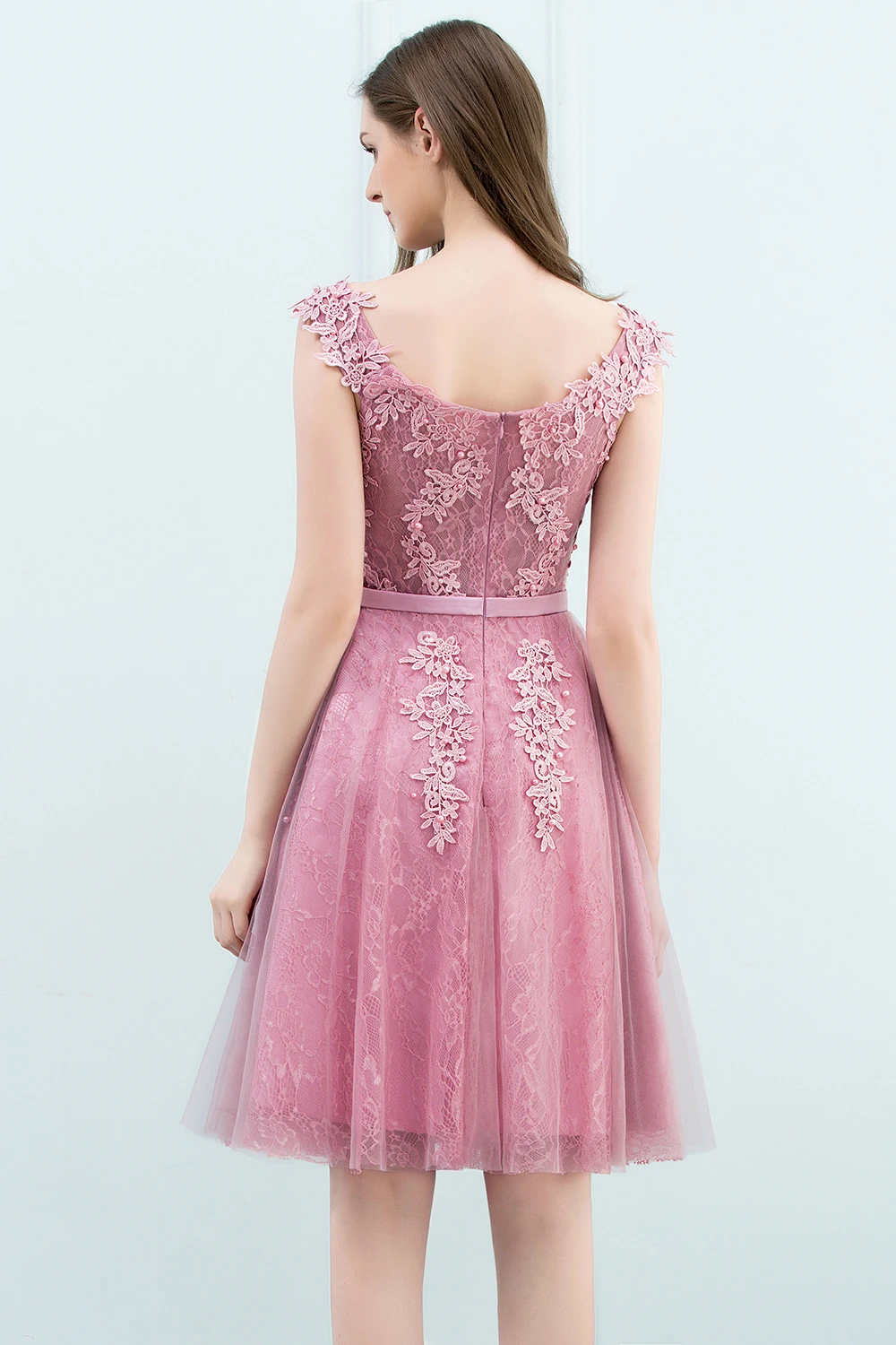 A Line Knee-length Short Sleeves Homecoming Dress Floral Embroidery Pearls Beads Top Underlaid V-neckline Deep Back Gown