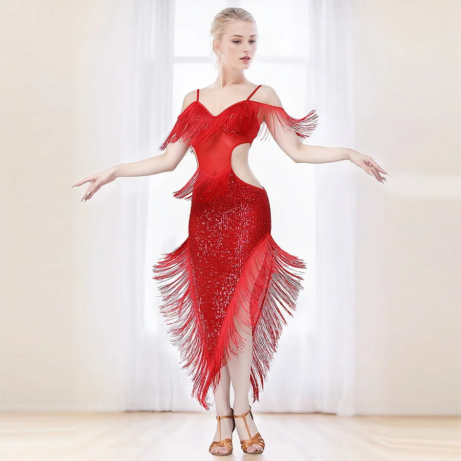 Femmes robe de danse latine frange clapet Maxi robe paillettes Salsa Rumba Samba Tango cha-cha danse Performance compétition Costume