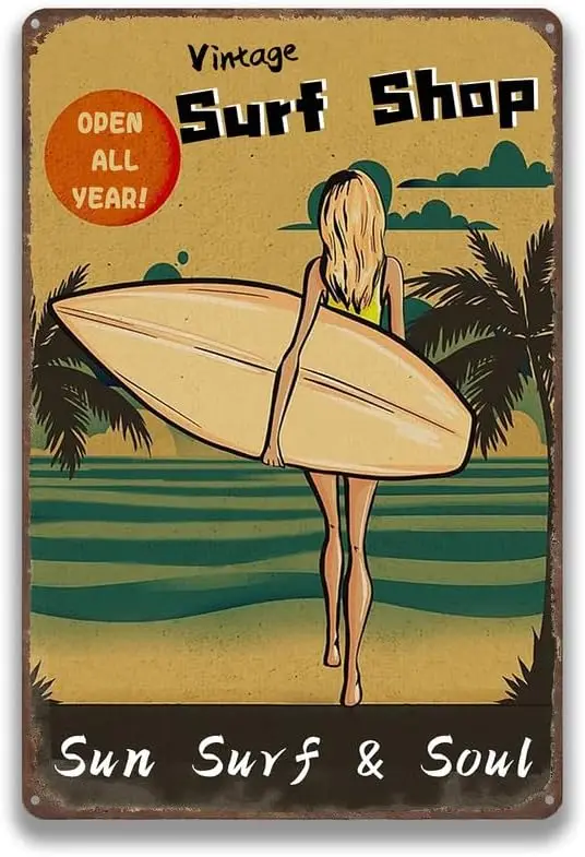 Vintage Surf Shop Tin Sign Sun Surf Soul Beach Surf Metal Plaque for Beach House Surf Club Water Park Bar Decor Sign 8x12 inch