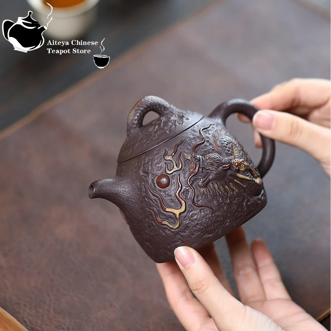 Théière en argile violette Yixing, minerai original, boue violette, dragon de bon augure jouant avec des perles, service à thé Qin Quan, théière chinoise