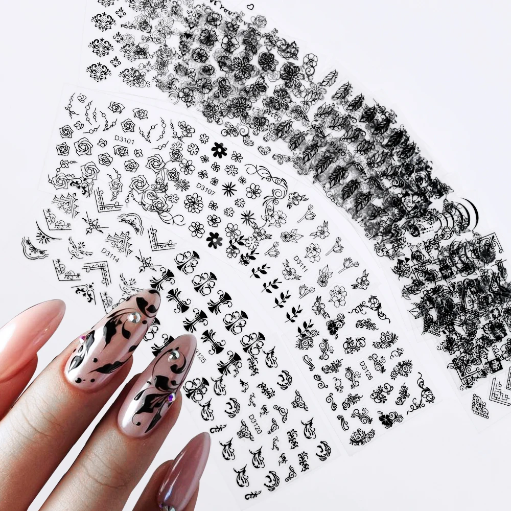 30 Uds. De pegatinas 3D para decoración de uñas con flores/hojas/encaje doradas bronceadas, 5,5x6,2 cm, pegatinas geométricas blancas/plateadas/negras para manicura de boda de lujo