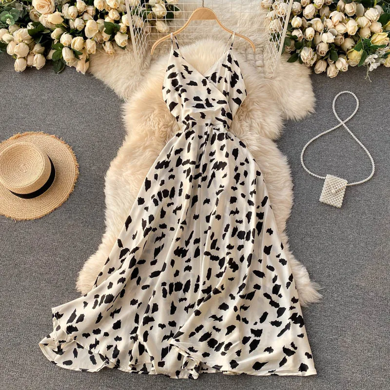

Sling Sexy Ladies Dress Cross V-neck Off-shoulder Slim Leopard Print Vacation Outing Long Dresses High Waist Temperament Thin