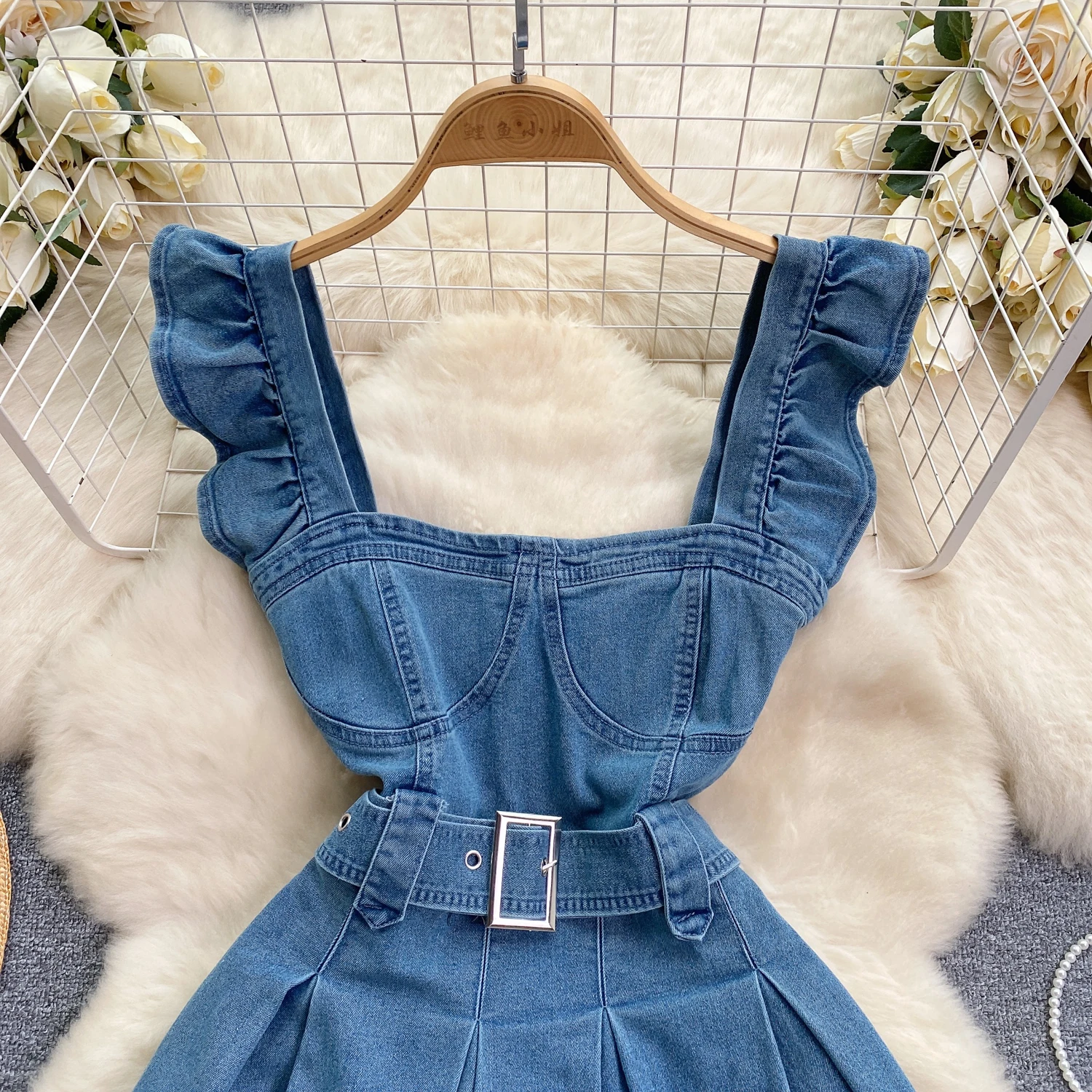 Women Preppy Style Jeans Dresses Sleeve  Square Collar Belt Slim Waist Denim A-line Mini Dress Vestidos Ruffle Clothing